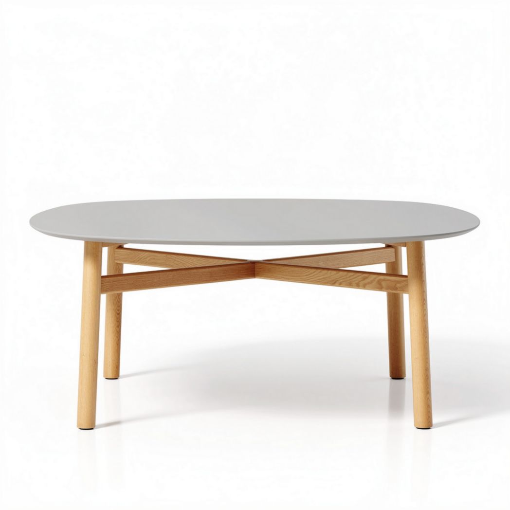 Table basse ovale en bois naturel avec plateau en MDF gris 120 x 60 x 45cm