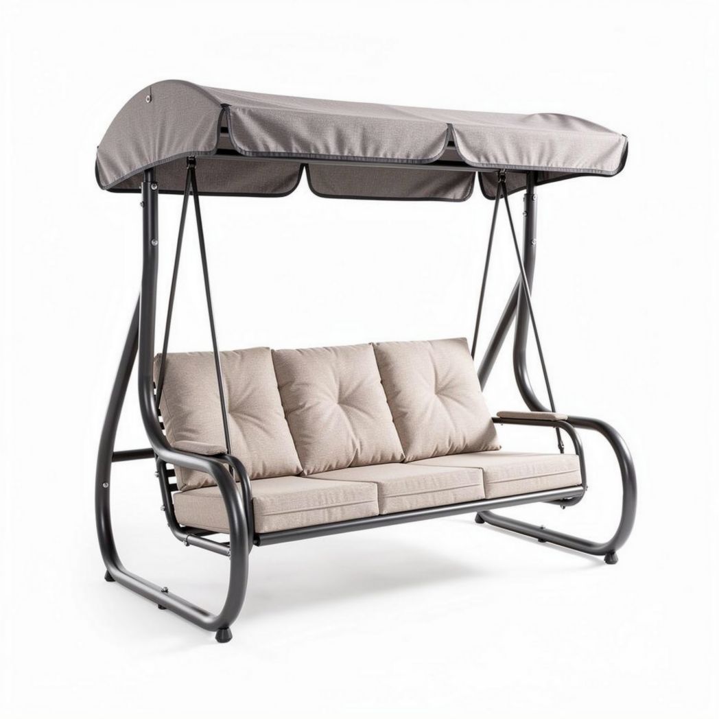 Balançoire de jardin trois places en métal et tissu gris 180 x 120 x 175cm
