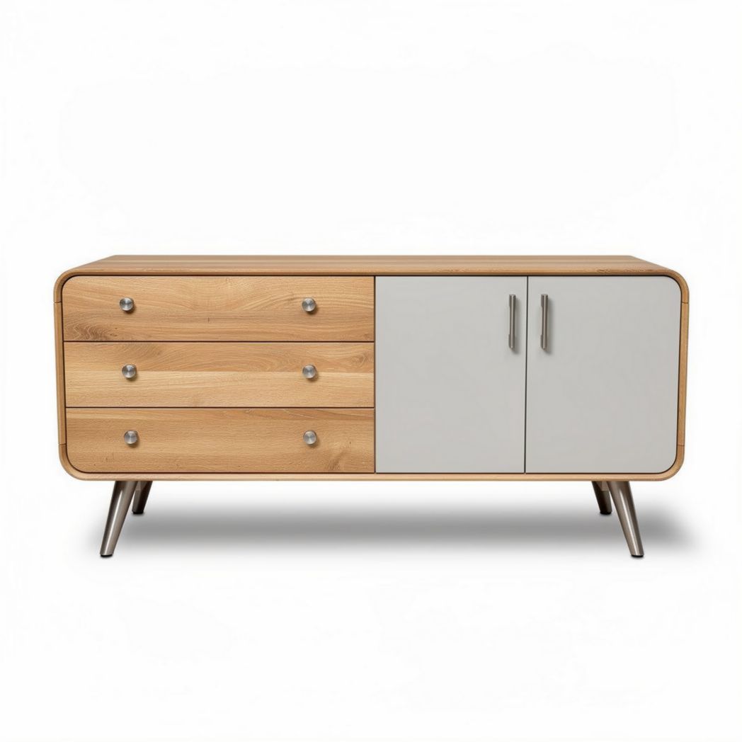 Buffet en bois naturel avec portes et tiroirs couleur gris 150 x 45 x 75cm
