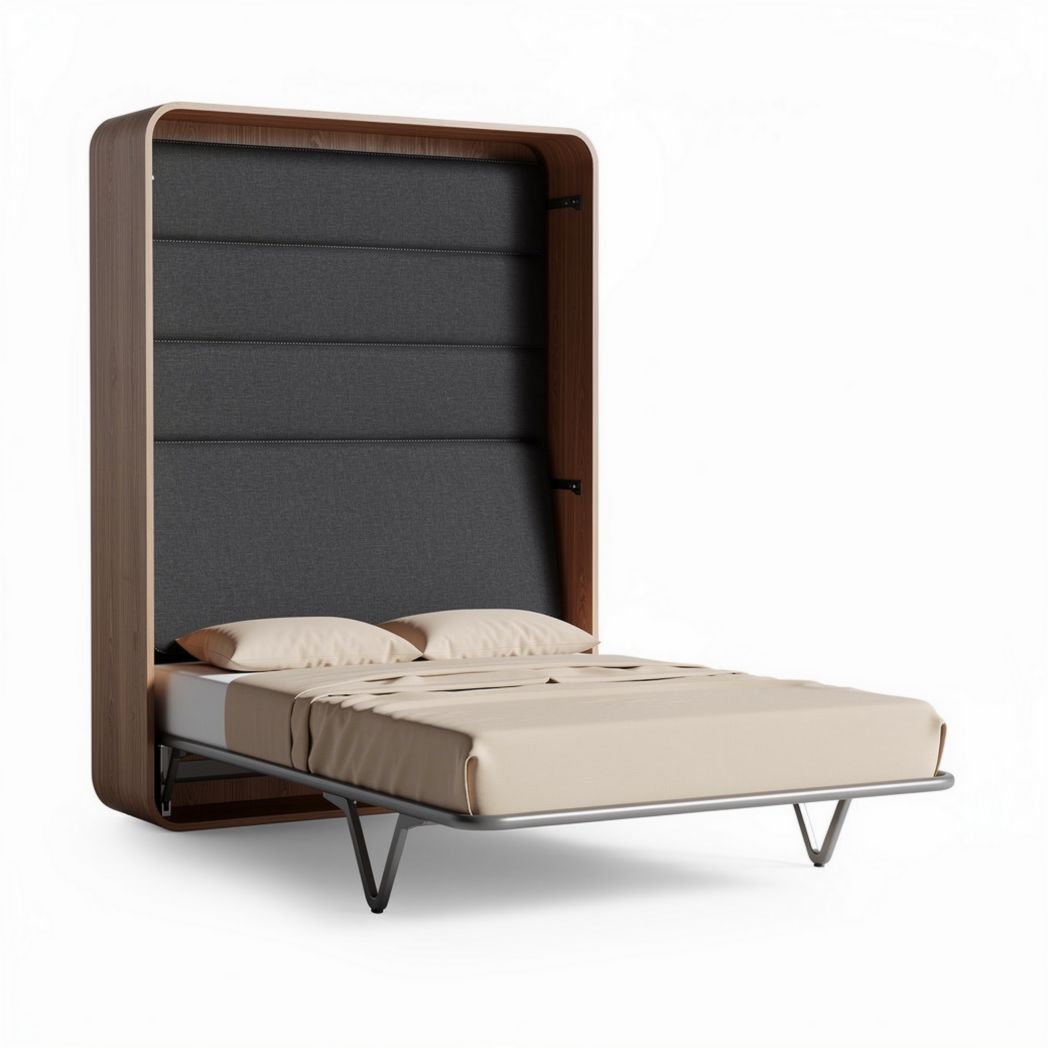 Lit escamotable en bois avec tête de lit en tissu gris 200 x 120 x 30cm