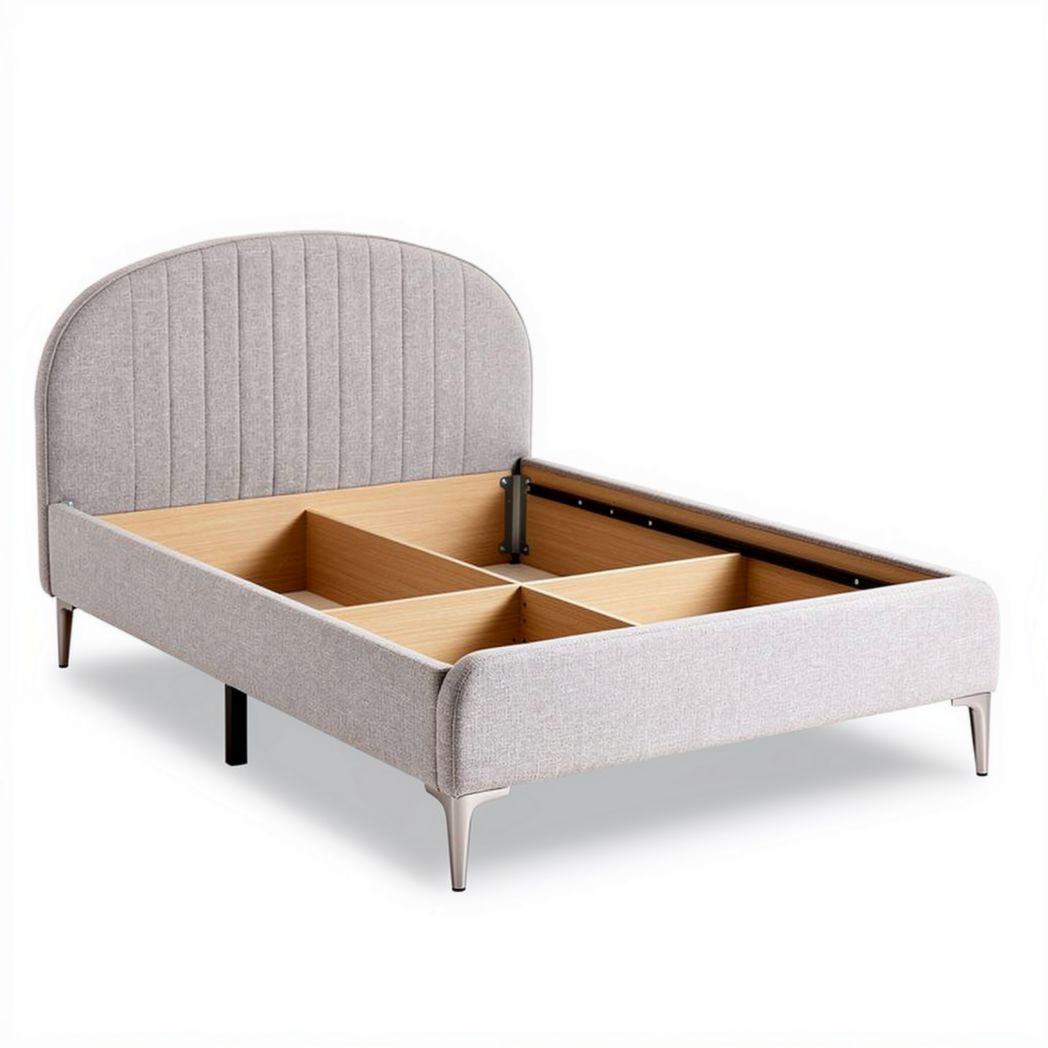 Lit en tissu gris avec rangement en bois dimensions 200 x 160 x 100cm