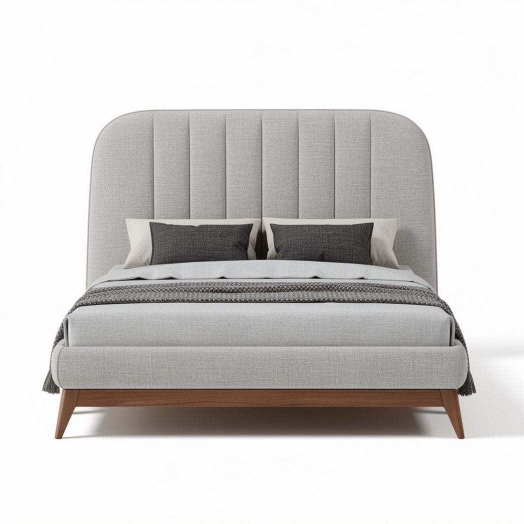 Lit double avec tête de lit en tissu gris et pieds en bois 200 x 160 x 100cm
